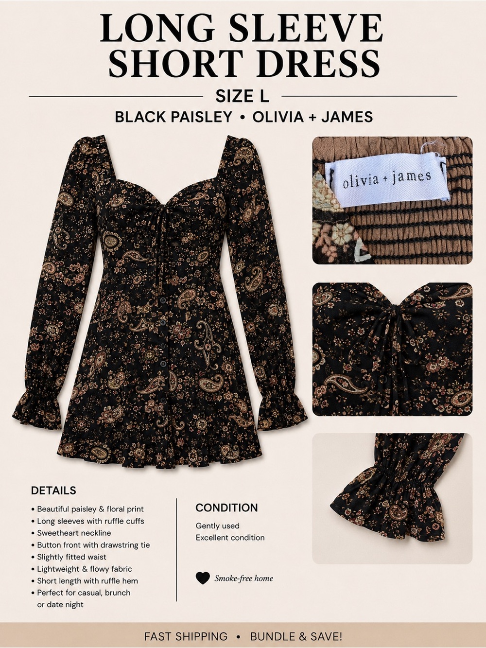Olivia + James Black Paisley Long-Sleeve Short Dress